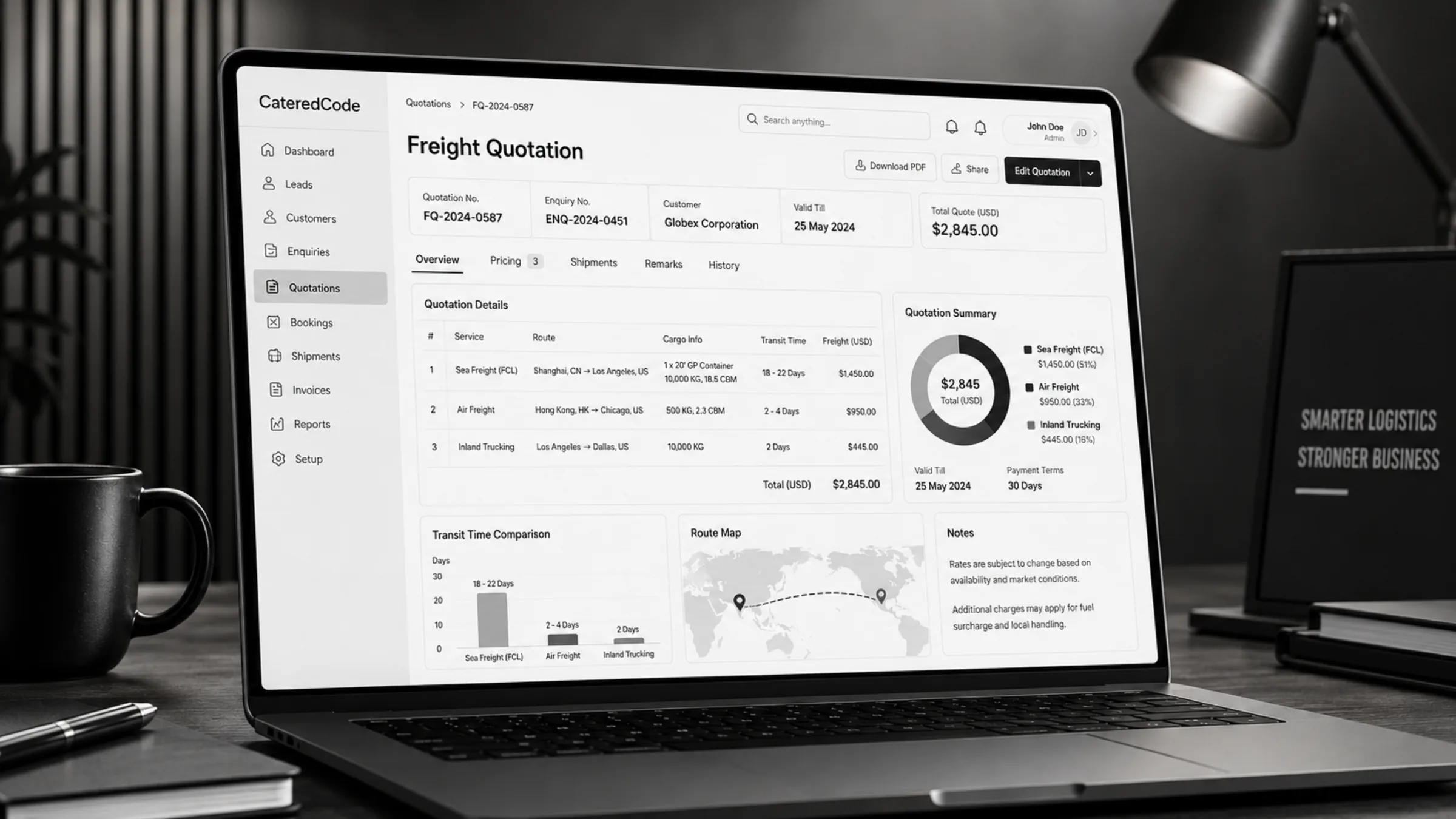 CateredCode freight quotation dashboard on a laptop